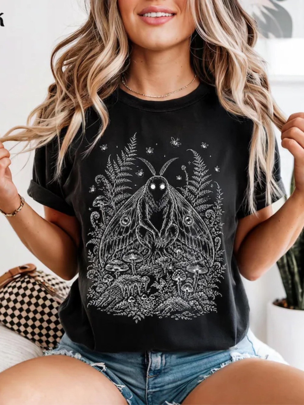 Black Tee with White Moth & Botanical Graphic